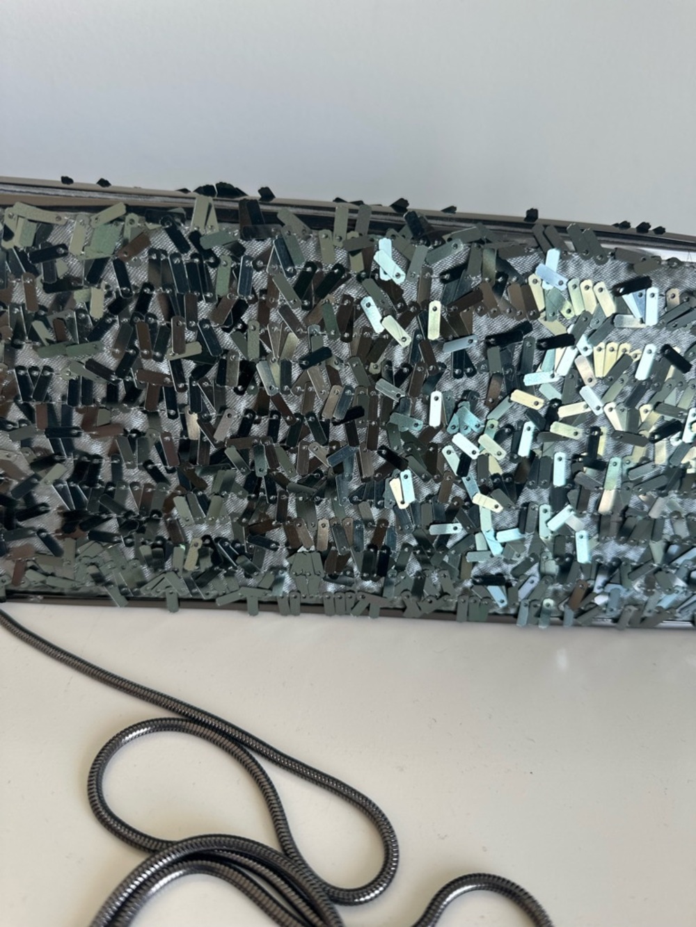 BCBGMaxAzria Silver Sequin Rectangular Evening Clutch / Crossbody Bag - Picture 3 of 12